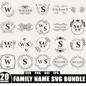 May include: A set of 20 black family name SVG designs. The designs feature monograms with letters and names, framed by floral and leaf motifs. The text "FAMILY NAME SVG BUNDLE" is displayed at the bottom of the image.