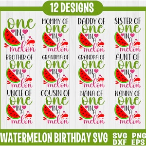 Pacote SVG One In a Melon, Melancia svg, Camisa de festa de aniversário svg, Pacote SVG de família One In a Melon, Aniversário de melancia svg, Verão svg