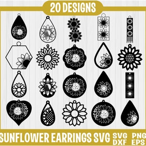 Pode incluir: 20 designs de arquivos de corte SVG para brincos de girassol. Os designs incluem várias formas como gotas, corações, círculos e hexágonos. Cada design apresenta um girassol com um centro detalhado e pétalas.