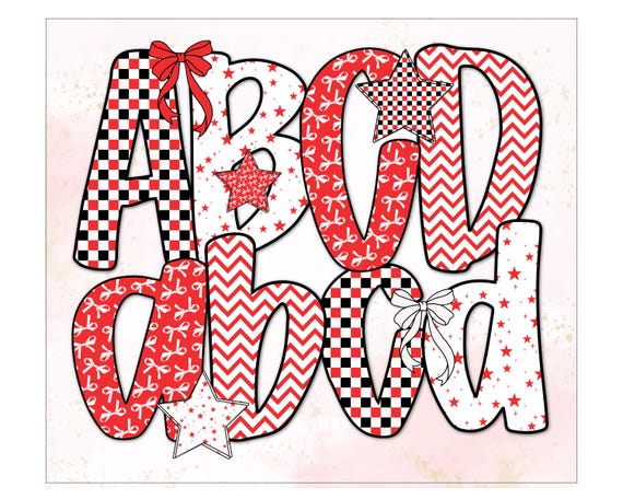 Red Preppy Doodle Alphabet PNG, Preppy Alpha set, School Spirit Alpha Set Png, Doodle Letters, Hand Lettered, Checkers, Polka Dot & Stripes