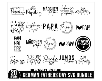May include: A collection of 20 black and white German Father's Day SVG designs. The designs feature phrases like "Papa," "Best Dad," and "I love Papa," perfect for crafting projects. The text is in various fonts and styles.