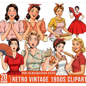 Vintage jaren 1950 clipartbundel, afdrukbare retro jaren 1950 dames huisvrouw png, huishouding huishouding clipart, huisvrouw clipart png