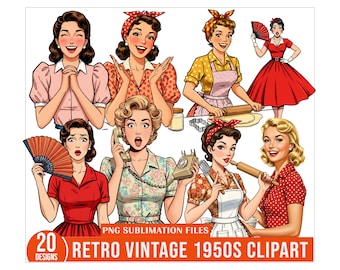 Vintage 1950s Clipart Bundle, Printable Retro 1950s Ladies Housewife PNG, Housekeeping Homemaking Clipart, Housewife Clipart PNG