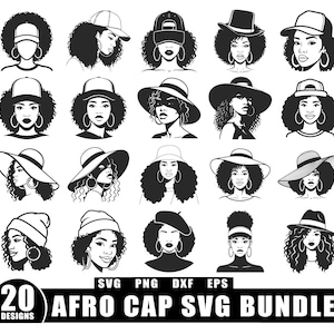 May include: A black and white SVG bundle featuring 20 designs of women with afro hairstyles wearing various hats, including baseball caps, fedoras, and sun hats. The text "AFRO CAP SVG BUNDLE" is included.