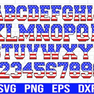 Letras y números de la bandera de EE. UU. Svg, Alfabeto de América, Fuente estadounidense, Fuente de la bandera estadounidense Svg, Alfabeto de la bandera Svg, Alfabeto patriótico Varsity Svg