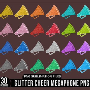 Può includere: Una collezione di 30 design di megafoni glitterati in vari colori, tra cui oro, arancione, verde acqua, rosa, rosso, verde, blu, grigio e viola. Il testo recita "PNG Sublimation Files" e "Glitter Cheer Megaphone PNG".