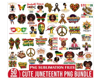 May include: A collection of 50 PNG sublimation designs with Juneteenth themes. The designs include illustrations of Black figures, butterflies, peace signs, and text such as "Black Power" and "Juneteenth." The designs are colorful and festive.