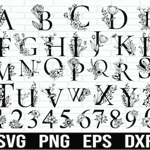 Alfabeto floral SVG, letra monograma A-Z, números florales svg, letra floral svg, alfabeto botánico, alfabeto de flores svg, iniciales florales