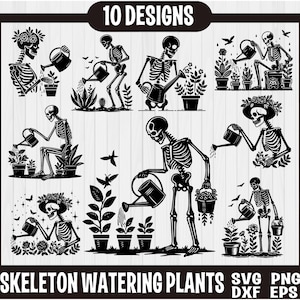 Esqueleto regando plantas SVG, esqueleto lindo, planta SVG, camiseta de esqueleto, esqueleto de planta espeluznante SVG, amantes de las plantas, mujer de planta esqueleto, jardín