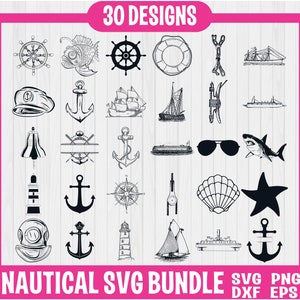 Bundle nautique de Svg, fichiers nautiques coupés pour Cricut, capitaine chapeau Svg, boussole svg, silhouette nautique, clipart ancre, phare Png