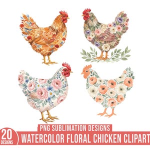 Lot de 20 cliparts floral poulet, aquarelle florale poulet Clipart, poulet cottagecore, fleur de poulet PNG, clipart aquarelle