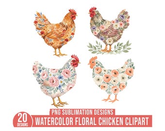 20 Floral Chicken Clipart Bundle, Watercolor Floral Chicken Clipart, Cottagecore Chicken, Flower Chicken PNG, Watercolor Clipart