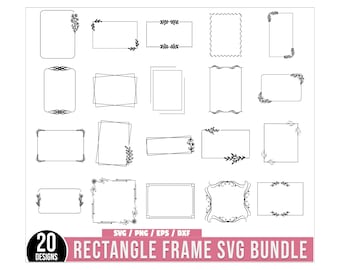 May include: A collection of 20 rectangle frame designs in black, perfect for various creative projects. The frames feature different styles, including floral, geometric, and decorative elements. The text "RECTANGLE FRAME SVG BUNDLE" is displayed.