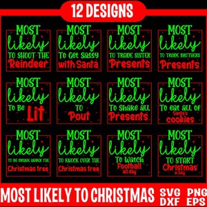 Puede incluir: Doce tarjetas de juego de Navidad rojas y verdes con el texto "Most Likely To..." y una frase divertida con temática navideña. Las tarjetas están diseñadas para un juego de fiesta de Navidad.