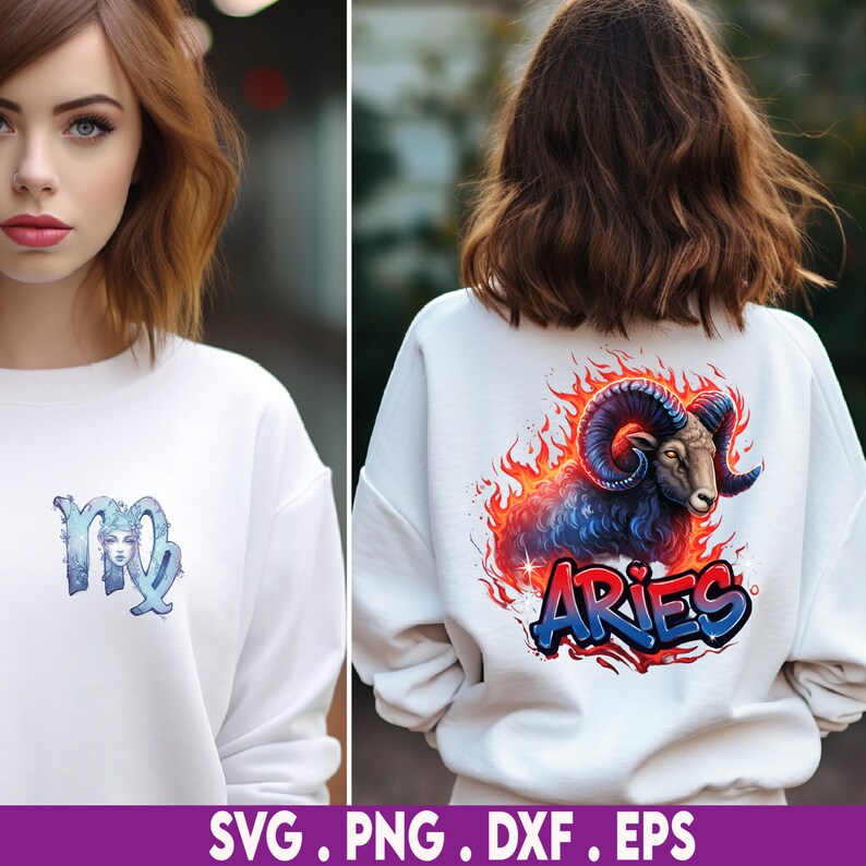 May include: White sweatshirt with a blue and silver Virgo zodiac symbol on the front. The back shows a colourful Aries ram design with flames and the word "ARIES" in blue and red. The image also includes SVG, PNG, DXF, and EPS file formats.