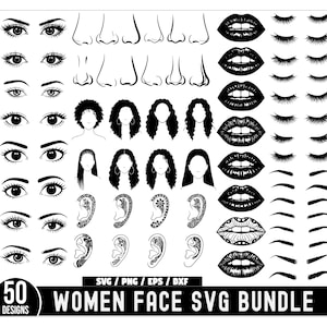 Pacote SVG de Rosto Feminino, Rosto SVG, Rosto de Menina SVG, Olhos SVG, Omã SVG, Cabeça de Mulher SVG, Cílios SVG, Lábios SVG, Olhos com Rímel SVG