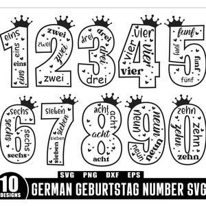 Peut inclure: Design numérique en noir et blanc avec les chiffres de 0 à 9, chacun orné d'une couronne. Les chiffres sont remplis des mots allemands pour les chiffres. Le design comprend le texte "GERMAN GEBURTSTAG NUMBER SVG".