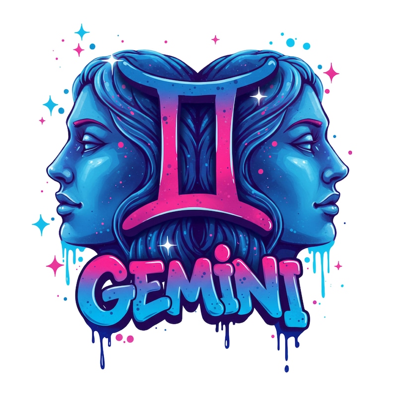 May include: A colourful illustration of the Gemini zodiac sign. Two blue-toned female profiles face each other, with the Gemini symbol in pink between them. The word "GEMINI" is written in a graffiti style, dripping with blue and pink paint.