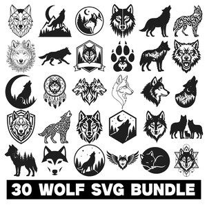 May include: A collection of 30 wolf-themed SVG designs in black and white. The designs include various wolf illustrations, such as geometric wolf heads, howling wolves, and wolf silhouettes, perfect for digital art projects.