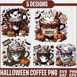 Halloween Coffee Clipart, Scary Gothic Watercolor Hot Coffee Drink Clipart, 5 PNG Bundle, Pumpkin, Witch, Instant Download, Commercial Use