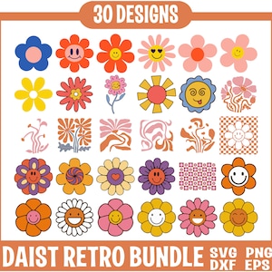 Daisy Retro Svg Bundle, Happy Face SVG, Retro SVG, Groovy SVG, Daisy Flower Svg, Hippie Boho svg, Trendy Clipart, Retro Shirt