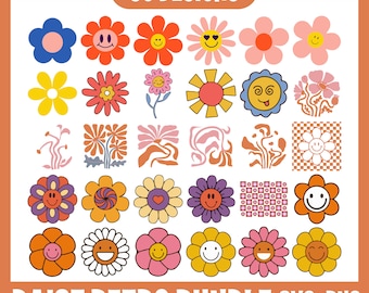 Könnte beinhalten: Ein Set mit 30 Retro-Designs von Gänseblümchen und Smiley-Gesichtern in verschiedenen Farben. Die Designs sind perfekt für Basteln, Scrapbooking und andere kreative Projekte. DAIST RETRO BUNDLE SVG PNG DXF EPS