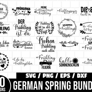 Puede incluir: Un conjunto de 20 diseños SVG en blanco y negro con frases de temática primaveral alemana. Los diseños incluyen frases como "Hallo Frühling", "Frühlingszauber", "Der Frühling ist da" y "Frohen Frühling euch allen".