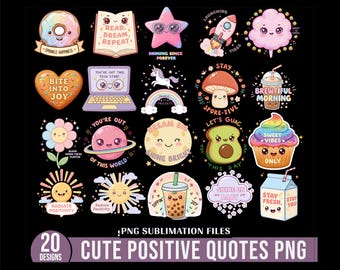 Op de afbeelding: Een verzameling van 20 schattige, kleurrijke PNG-ontwerpen met positieve citaten en illustraties. Ontwerpen omvatten een donut, ster, boek, raket, suikerspin, hart, laptop, eenhoorn, paddenstoel, avocado, cupcake, zon en melkpak.