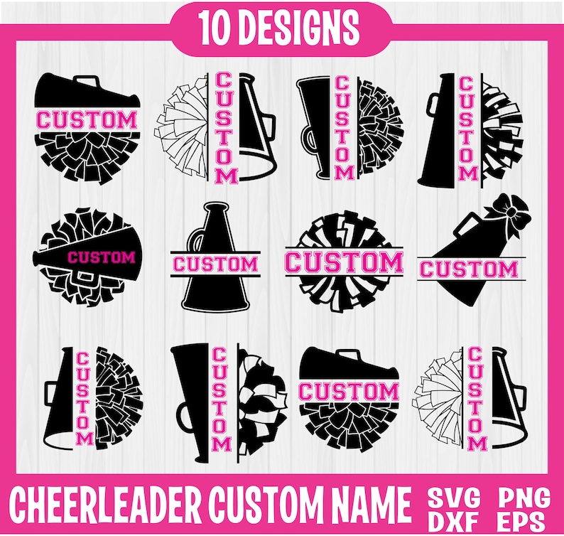 May include: Ten designs of black and white cheerleading SVG cut files. Each design features a cheerleader megaphone, pom poms, and the word "CUSTOM".
