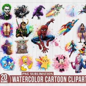 Bundle de personnages de dessins animés aquarelle png, personnages de héros et de films dessins de super-héros, personnages de dessins animés aquarelle png, princesse png