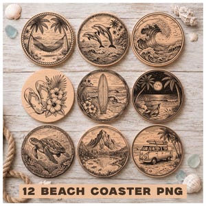 May include: A set of nine circular wooden coasters featuring black line art illustrations of beach scenes including a hammock, dolphins, ocean waves, flip-flops with hibiscus flowers, a surfboard, a beach chair, a sea turtle, mountains, and a van.