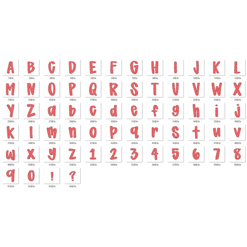 May include: A collection of red alphabet letters and numbers, each with a textured pattern, displayed in individual boxes. Includes uppercase and lowercase letters, along with numbers and punctuation marks.