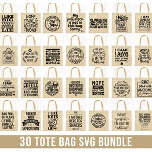 30x tygväska SVG-paket, sarkastiska citat PNG, roliga citat svg, tygväska png, tygväska-ordspråk, mammaväska svg, återanvändbar väska, rolig tygväska