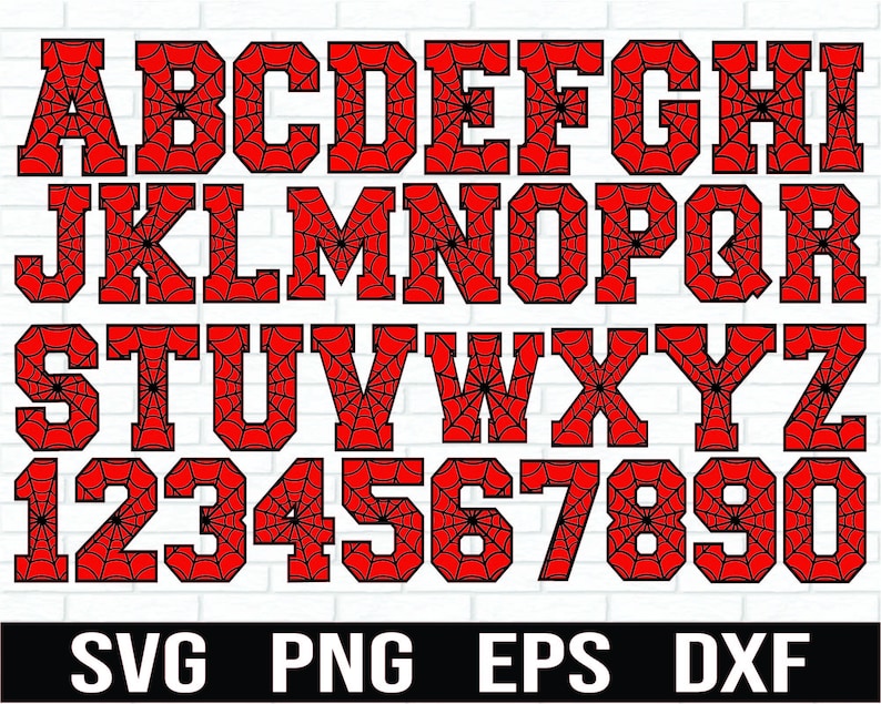 K&ouml;nnte beinhalten: Ein rotes und schwarzes Alphabet mit einem Spinnennetz-Muster. Die Buchstaben sind in einer fetten, blockartigen Schrift. Die Zahlen 1 bis 9 sind ebenfalls enthalten.