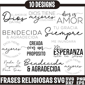 Frases Religiosas Español Svg, Fe Mueve Montañas Svg, Frases biblicas, Dios Amor Fortaleza svg, Frases Cristianas svg, Bendecida Amada Svg