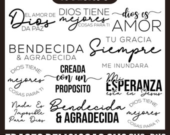 Frases Religiosas Español Svg, Fe Mueve Montañas Svg, Frases biblicas, Dios Amor Fortaleza svg, Frases Cristianas svg, Bendecida Amada Svg