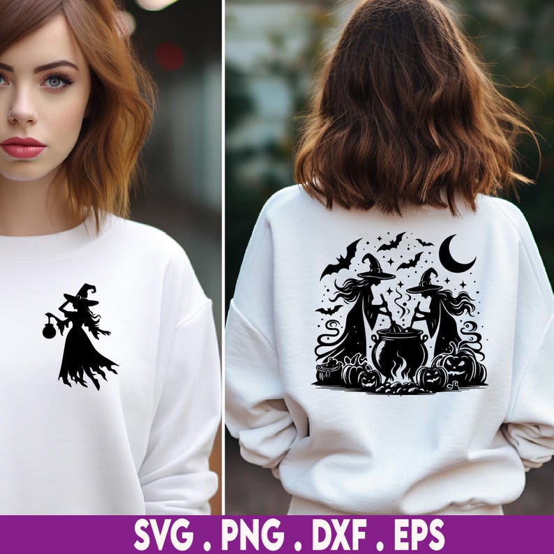 May include: A white sweatshirt with a black silhouette of two witches stirring a cauldron with bats and a crescent moon in the background. The text "SVG. PNG. DXF. EPS" is at the bottom of the image.