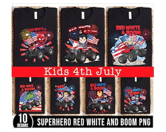 Paquete de superhéroes rojo, blanco y boom (Png), regalo para niño estadounidense, camiseta infantil del 4 de julio (Png), Día de la Independencia (Png), excavadora (Png), rojo, blanco y boom