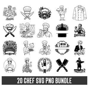 Può includere: Una collezione di 20 illustrazioni grafiche in bianco e nero con chef, utensili da cucina e temi culinari. I disegni includono icone di cappelli da chef, coltelli incrociati, una giacca da cuoco e vari personaggi in abbigliamento professionale.