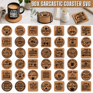 Puede incluir: Una colección de noventa posavasos de corcho circulares y cuadrados con varias citas e ilustraciones sobre el café impresas en negro. El conjunto incluye diseños con frases como First Coffee Then Adulting, Coffee Makes It Better y Sip Focus Create, mostrados en un formato de cuadrícula.