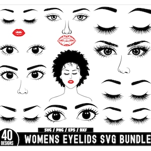 Womens oogleden SVG bundel, vrouw gezicht SVG, haar lippen neus ogen wenkbrauwen ontwerpen set, wimper SVG, wimpers SVG, vrouw hoofd SVG, wimpers SVG