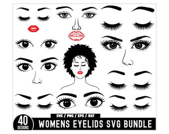 Womens Eyelids Svg bundle, Woman Face svg, Hair Lips Nose Eyes Eyebrows Designs Set, Eyelash svg, Lashes svg, Woman Head svg, Eyelashes svg
