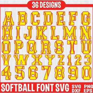 Pacchetto Svg lettere e numeri softball, file SVG alfabeto softball, clipart alfabeto softball, alfabeto softball per Cricut, font softball
