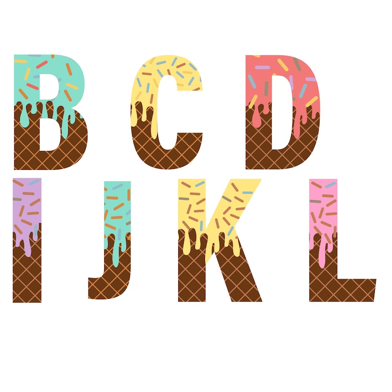 May include: A set of alphabet letters B, C, D, I, J, K, and L decorated with colorful sprinkles and dripping chocolate icing. The letters are in a waffle cone pattern.