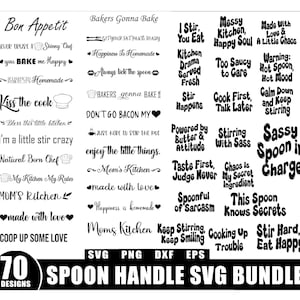 May include: A collection of 70 SVG designs with kitchen-themed quotes and phrases, such as "Bon Appetit," "Kiss the cook," and "Bakers Gonna Bake." The designs are in black and white, suitable for various crafting projects.