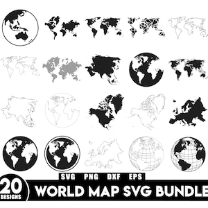 Puede incluir: Un conjunto de 20 diseños de mapas del mundo en blanco y negro, incluyendo globos terráqueos y contornos. Los diseños varían en estilo. El texto inferior dice "WORLD MAP SVG BUNDLE" con abreviaturas de tipos de archivo. Ideal para proyectos de diseño.