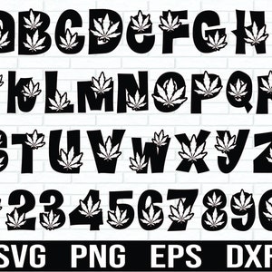 Weed police svg, fichiers de coupe de police de cannabis médical, numéros de mauvaises herbes, lettres de mauvaises herbes, toutes les lettres SVG, police de caractères svg, police png