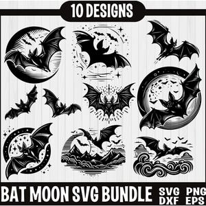 Latający nietoperz przed księżycem SVG, Straszny pakiet nietoperzy SVG, Zwierzę SVG, Gotycki Png, Halloweenowy nietoperz SVG, Halloweenowy SVG, Nocny nietoperz SVG, Latające nietoperze