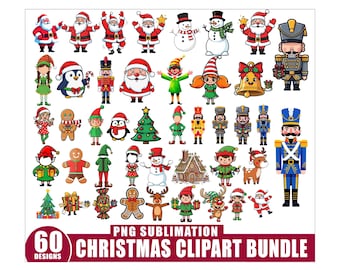 May include: A collection of 60 Christmas-themed clipart designs. The illustrations include Santa Claus, elves, snowmen, penguins, gingerbread men, nutcrackers, Christmas trees, and reindeer. The text "PNG Sublimation" and "Christmas Clipart Bundle" are also included.