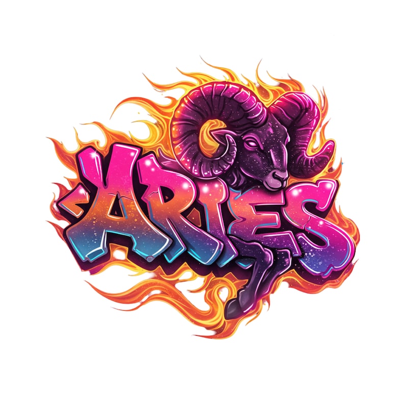 May include: Aries zodiac sign graphic. The word "ARIES" is in a graffiti style with a gradient of pink, blue, and orange. A ram with large horns is depicted in dark purple, surrounded by flames.